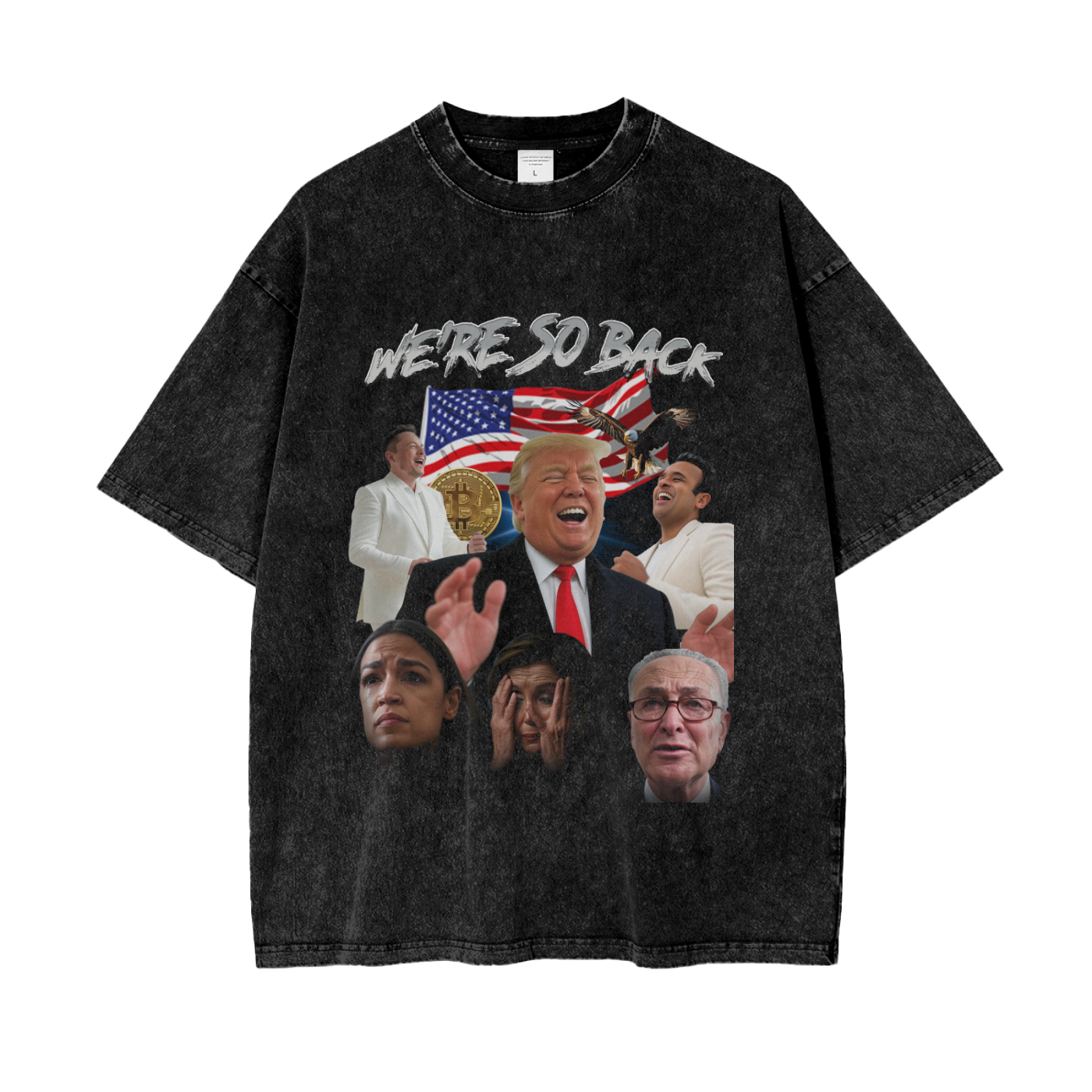 T-Shirt,Icon,Trump,$TRUMP,Trump Coin,Icon Shirts,T-Shirts,Graphic T-Shirt,Graphic,Vintage, Bitcoin, BTC, cryptocurrency, crypto, blockchain, t-shirt, graphic tee, "We're So Back", vintage wash, relaxed fit, drop shoulder, comfortable, unisex, casual, streetwear, crypto apparel, DeFi Digs, R00037, 100% cotton, Small, Medium, Large, XL, 2XL