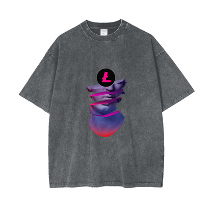 Litecoin Statue Tee, Unisex Crypto Tee, Loose Fit Cotton Shirt, Snow Washed Tee, Litecoin Apparel, Casual Streetwear, DTG Printed Tee, Lightweight Summer Tee, Drop Shoulder Shirt, Litecoin Merchandise