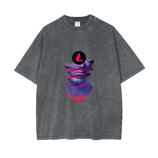 Litecoin Statue Tee, Unisex Crypto Tee, Loose Fit Cotton Shirt, Snow Washed Tee, Litecoin Apparel, Casual Streetwear, DTG Printed Tee, Lightweight Summer Tee, Drop Shoulder Shirt, Litecoin Merchandise